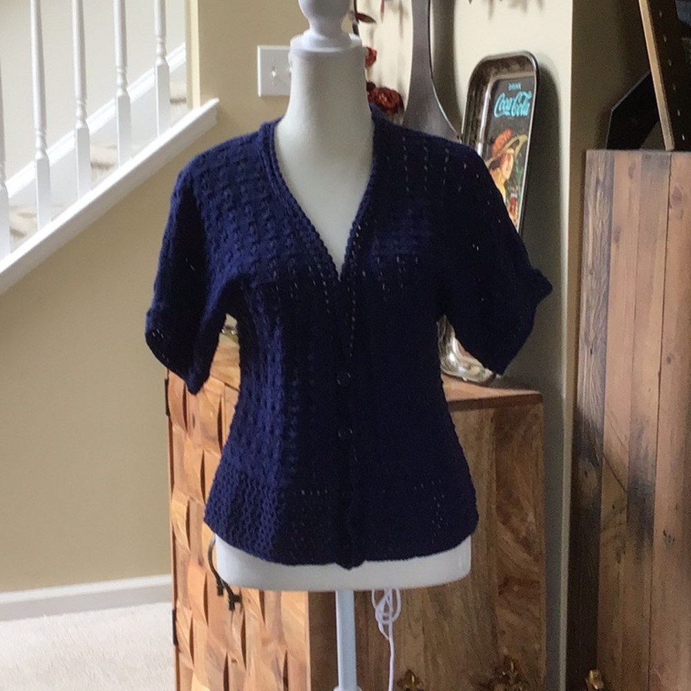 Denim & company crochet short sleeve cardigan royal blue size small